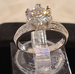 Moissanite Sterling Silver Ring with Embellished Crown